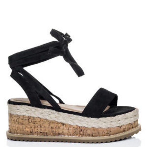 Black Wedge Espadrille Gladiator Sandals Shoes 5 6 - Picture 2 of 3